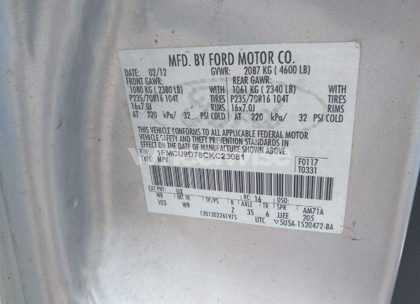 Photo 9 of 2012 Ford Escape XLT (VIN 1FMCU9D78CKC23081)