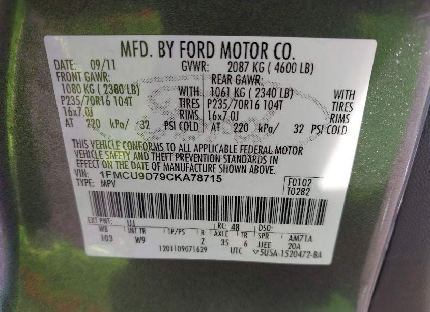 Photo 9 of 2012 Ford Escape XLT (VIN 1FMCU9D79CKA78715)