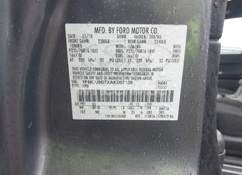 Photo 9 of 2010 Ford Escape XLT (VIN 1FMCU9D7XAKD07139)