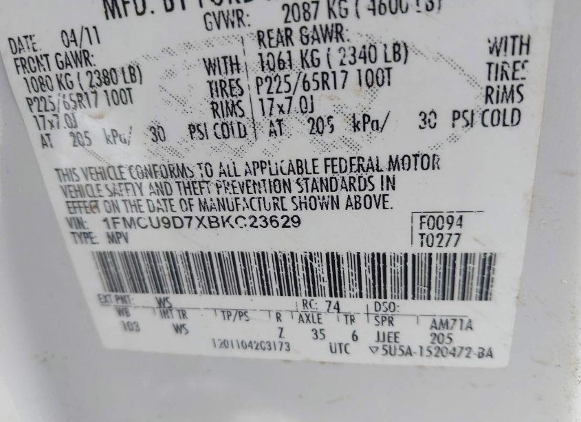 Photo 9 of 2011 Ford Escape XLT (VIN 1FMCU9D7XBKC23629)