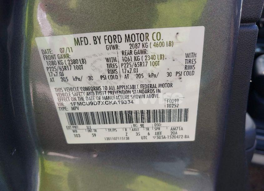 Photo 9 of 2012 Ford Escape XLT (VIN 1FMCU9D7XCKA19334)