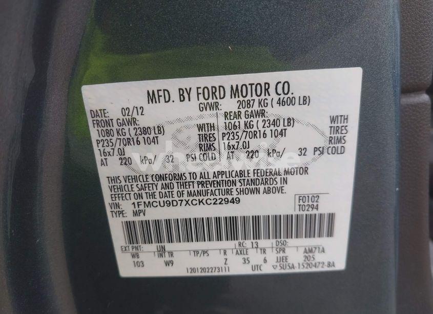 Photo 9 of 2012 Ford Escape XLT (VIN 1FMCU9D7XCKC22949)