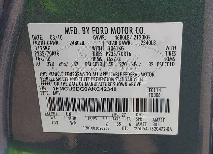 Photo 9 of 2010 Ford Escape XLT (VIN 1FMCU9DG0AKC42348)