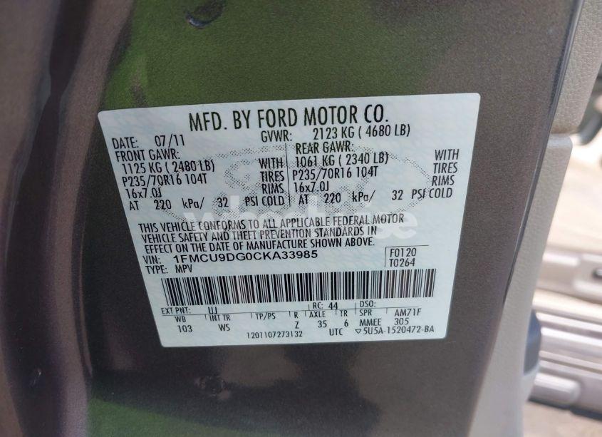 Photo 9 of 2012 Ford Escape XLT (VIN 1FMCU9DG0CKA33985)