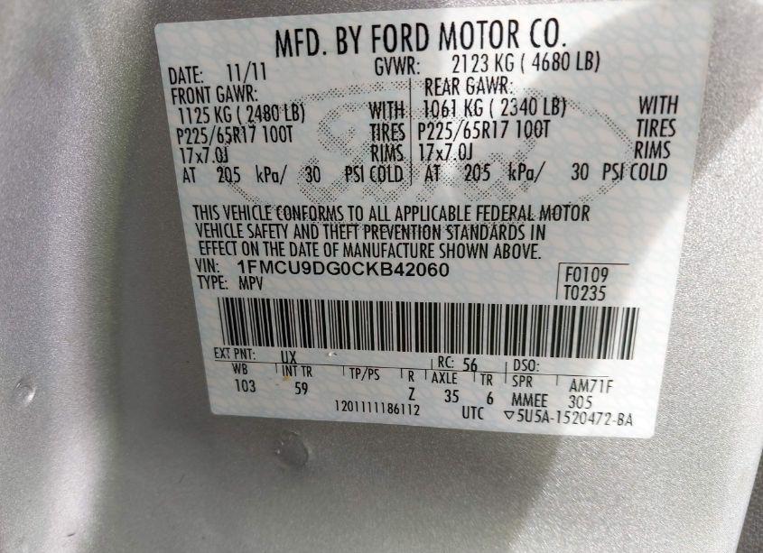 Photo 9 of 2012 Ford Escape XLT (VIN 1FMCU9DG0CKB42060)