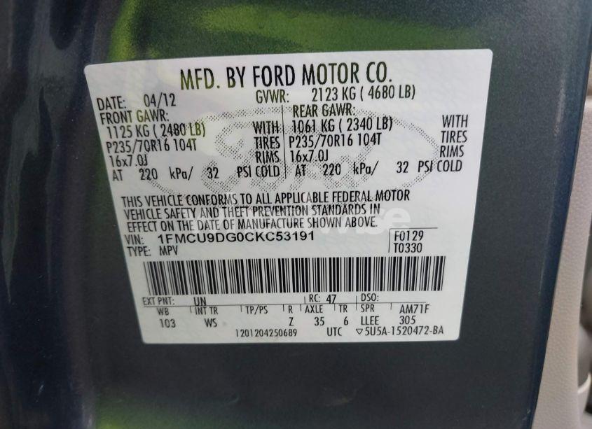 Photo 9 of 2012 Ford Escape XLT (VIN 1FMCU9DG0CKC53191)