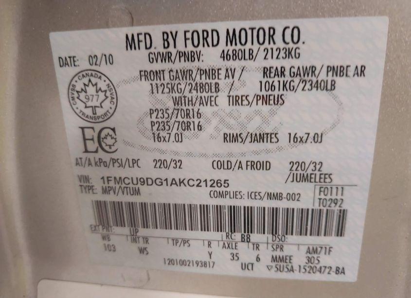 Photo 9 of 2010 Ford Escape XLT (VIN 1FMCU9DG1AKC21265)