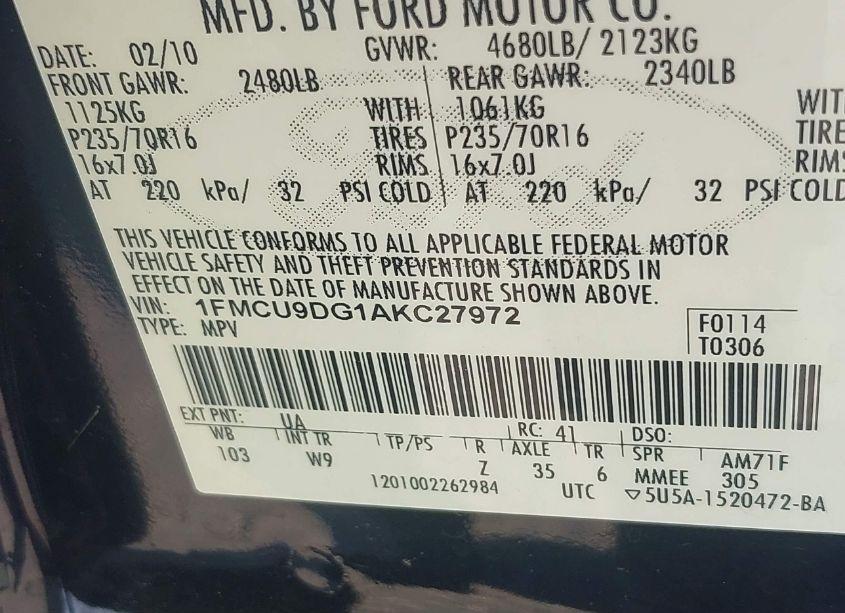 Photo 9 of 2010 Ford Escape XLT (VIN 1FMCU9DG1AKC27972)