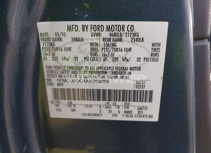 Photo 9 of 2010 Ford Escape XLT (VIN 1FMCU9DG1AKD09099)