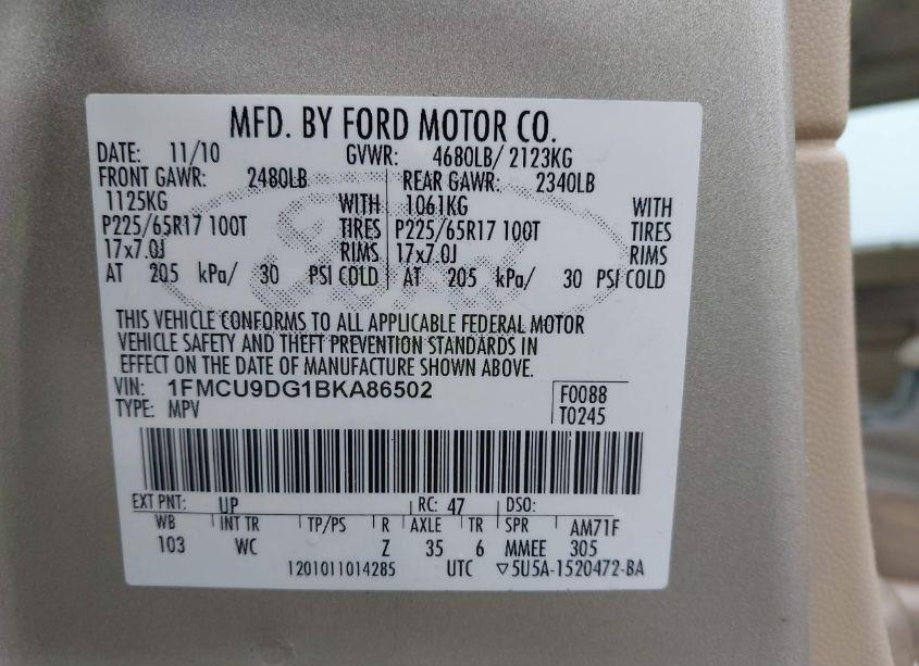 Photo 9 of 2011 Ford Escape XLT (VIN 1FMCU9DG1BKA86502)