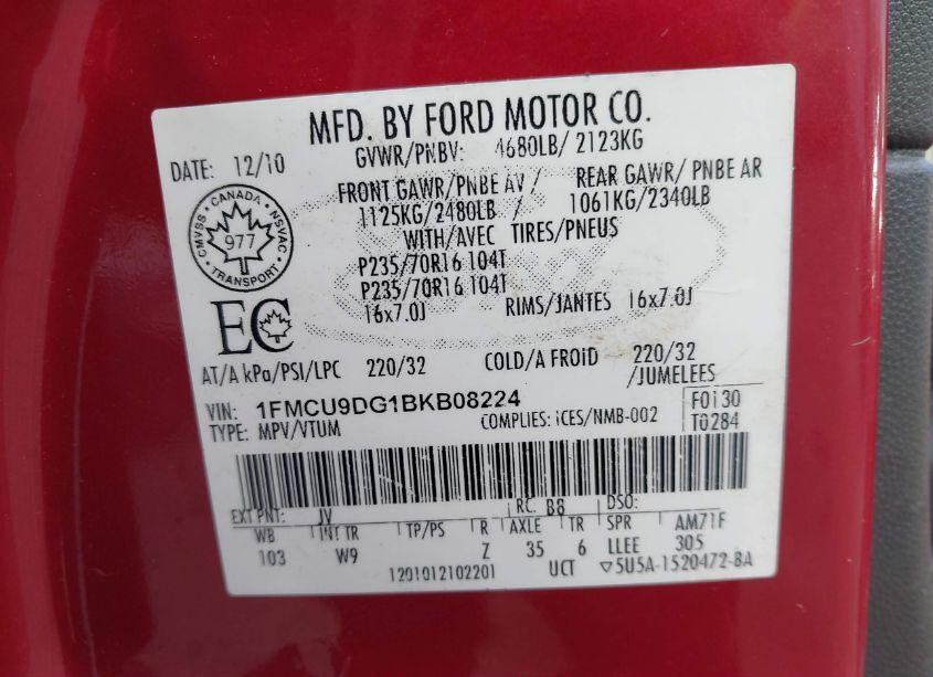 Photo 9 of 2011 Ford Escape XLT AUTOMATIC (VIN 1FMCU9DG1BKB08224)