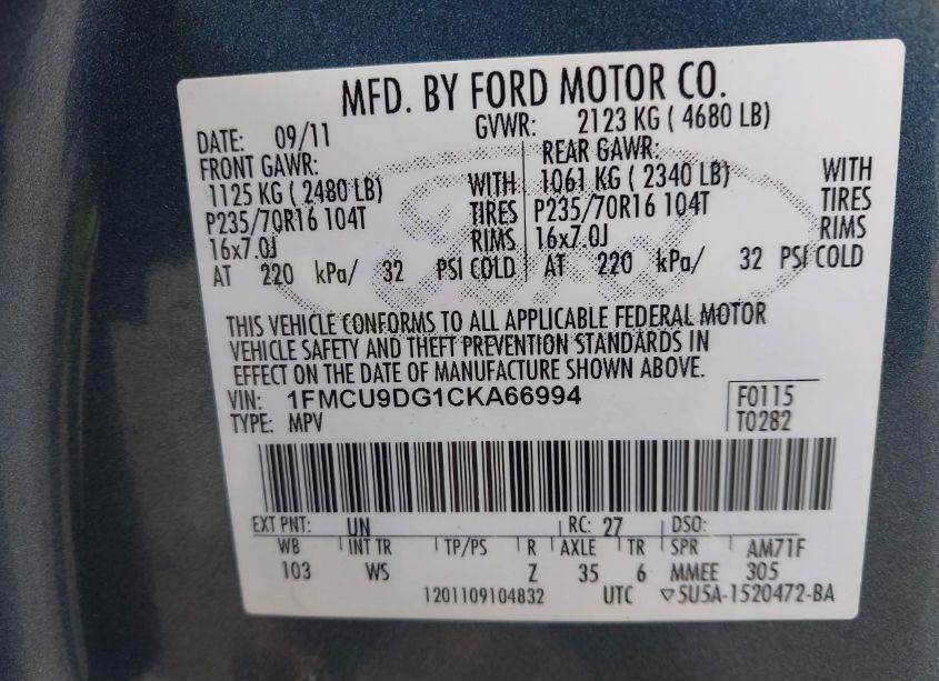 Photo 9 of 2012 Ford Escape XLT (VIN 1FMCU9DG1CKA66994)