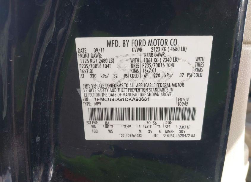 Photo 9 of 2012 Ford Escape XLT (VIN 1FMCU9DG1CKA90681)