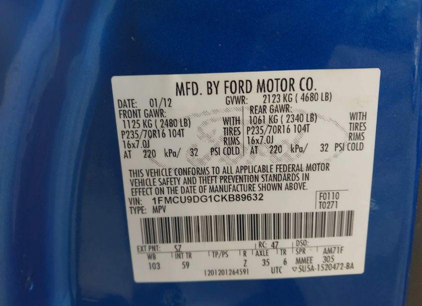 Photo 9 of 2012 Ford Escape XLT (VIN 1FMCU9DG1CKB89632)