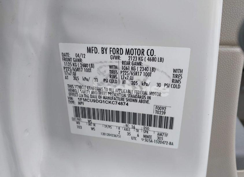 Photo 9 of 2012 Ford Escape XLT (VIN 1FMCU9DG1CKC74874)