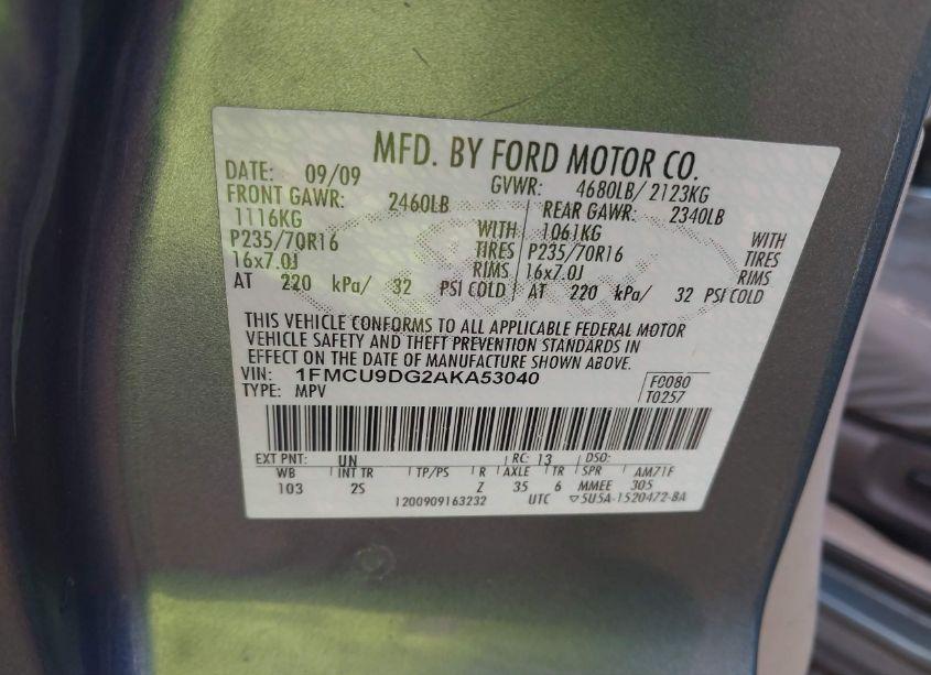 Photo 9 of 2010 Ford Escape XLT (VIN 1FMCU9DG2AKA53040)