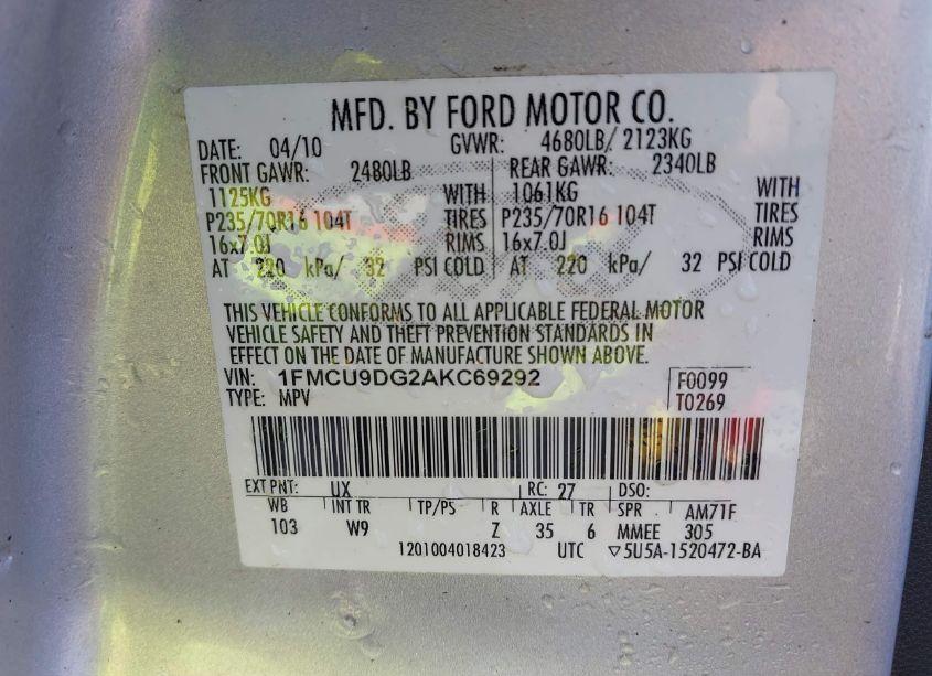 Photo 9 of 2010 Ford Escape XLT (VIN 1FMCU9DG2AKC69292)