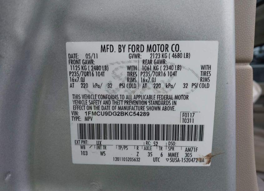 Photo 9 of 2011 Ford Escape XLT (VIN 1FMCU9DG2BKC54289)