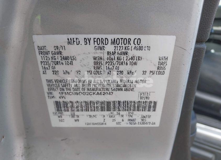 Photo 9 of 2012 Ford Escape XLT (VIN 1FMCU9DG2CKA62047)