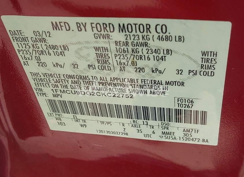 Photo 9 of 2012 Ford Escape XLT (VIN 1FMCU9DG2CKC22752)