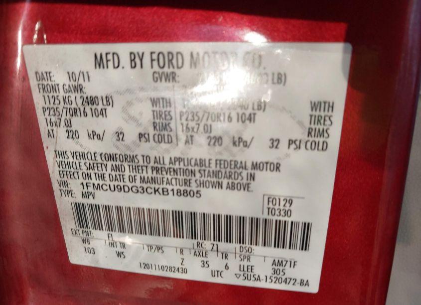 Photo 9 of 2012 Ford Escape XLT (VIN 1FMCU9DG3CKB18805)