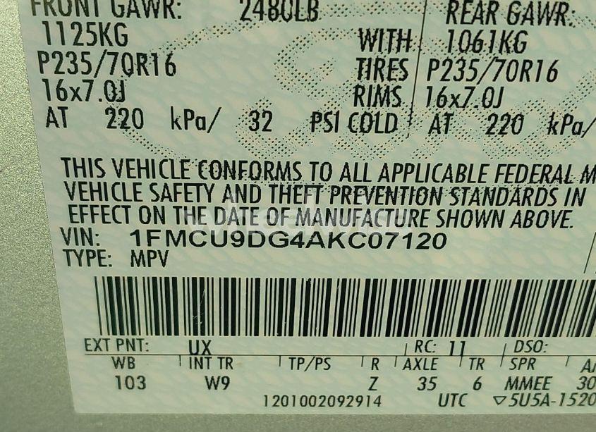 Photo 9 of 2010 Ford Escape XLT (VIN 1FMCU9DG4AKC07120)