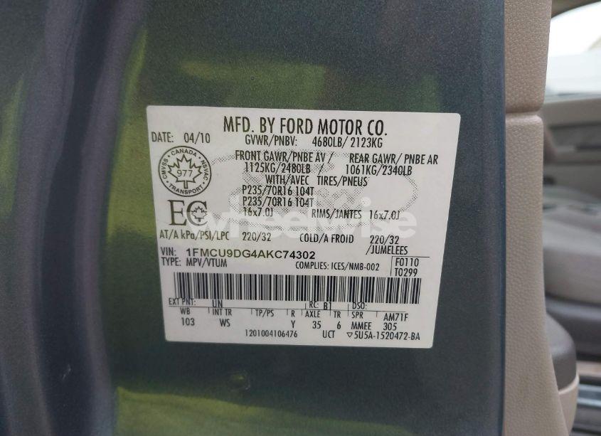 Photo 9 of 2010 Ford Escape XLT (VIN 1FMCU9DG4AKC74302)