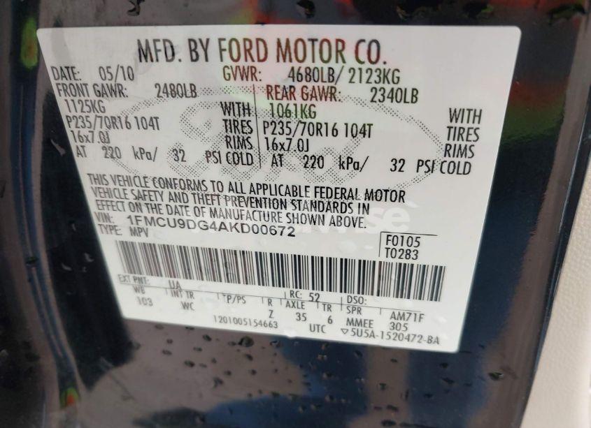 Photo 9 of 2010 Ford Escape XLT (VIN 1FMCU9DG4AKD00672)