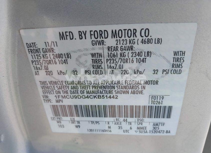 Photo 9 of 2012 Ford Escape XLT (VIN 1FMCU9DG4CKB51442)