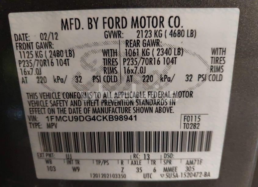 Photo 9 of 2012 Ford Escape XLT (VIN 1FMCU9DG4CKB98941)