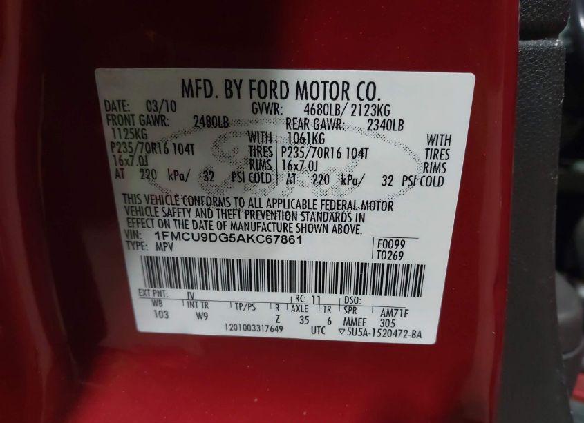 Photo 9 of 2010 Ford Escape XLT (VIN 1FMCU9DG5AKC67861)