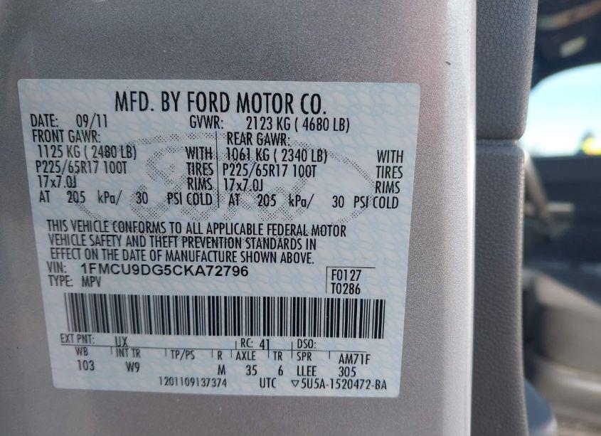 Photo 9 of 2012 Ford Escape XLT (VIN 1FMCU9DG5CKA72796)