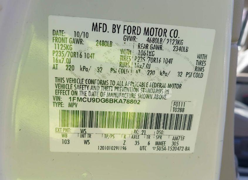 Photo 9 of 2011 Ford Escape XLT (VIN 1FMCU9DG6BKA78802)