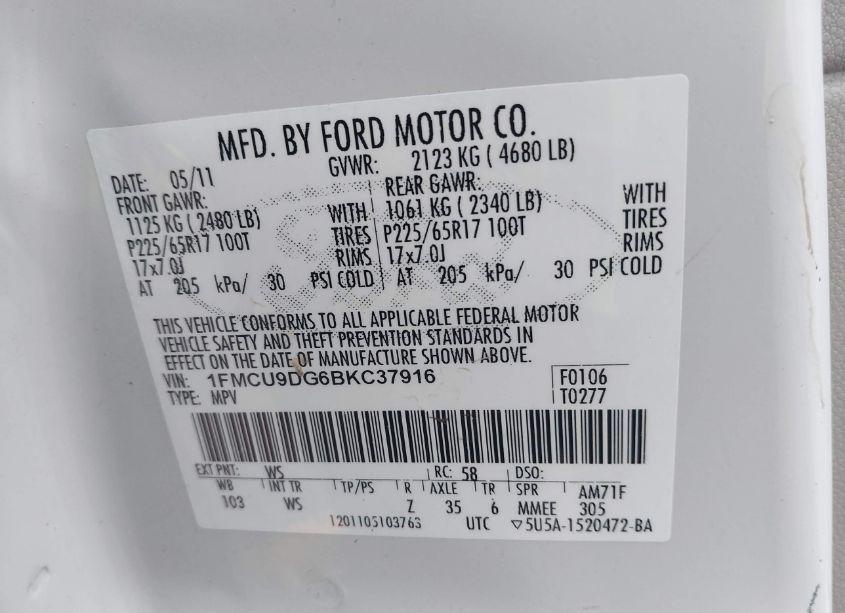 Photo 9 of 2011 Ford Escape XLT (VIN 1FMCU9DG6BKC37916)