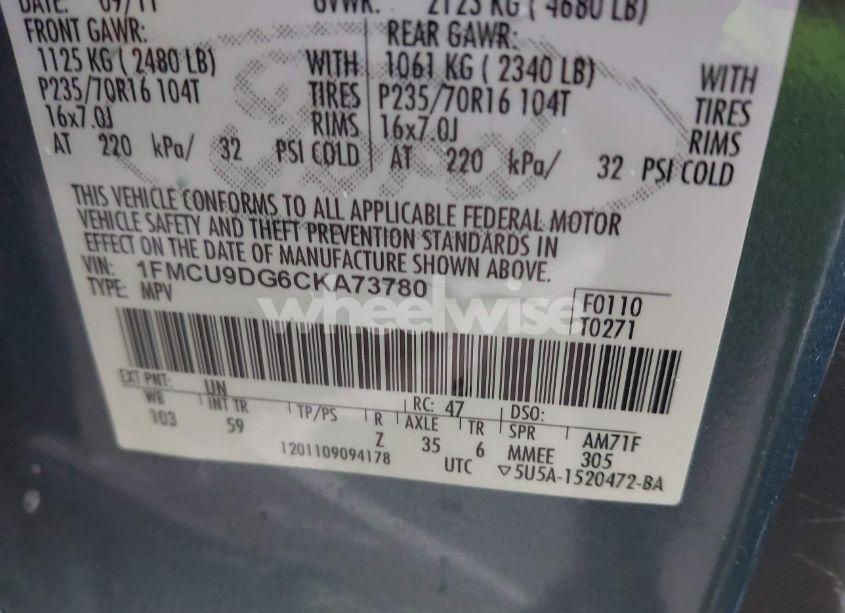 Photo 9 of 2012 Ford Escape XLT (VIN 1FMCU9DG6CKA73780)