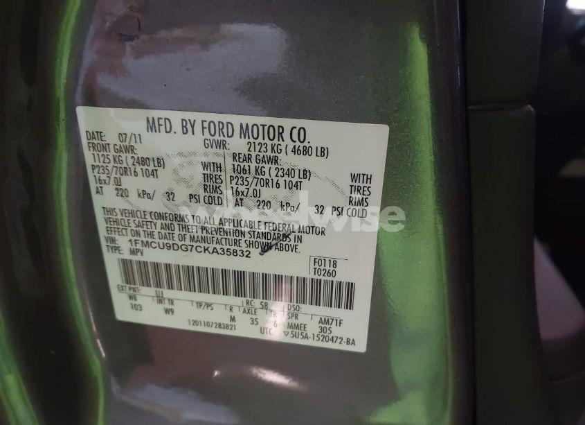 Photo 9 of 2012 Ford Escape XLT (VIN 1FMCU9DG7CKA35832)