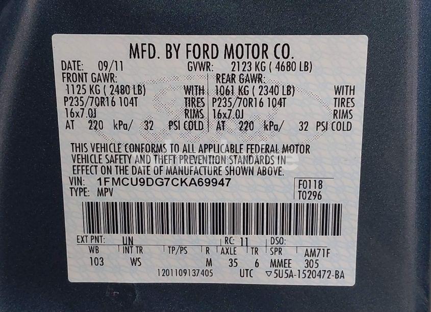 Photo 9 of 2012 Ford Escape XLT (VIN 1FMCU9DG7CKA69947)