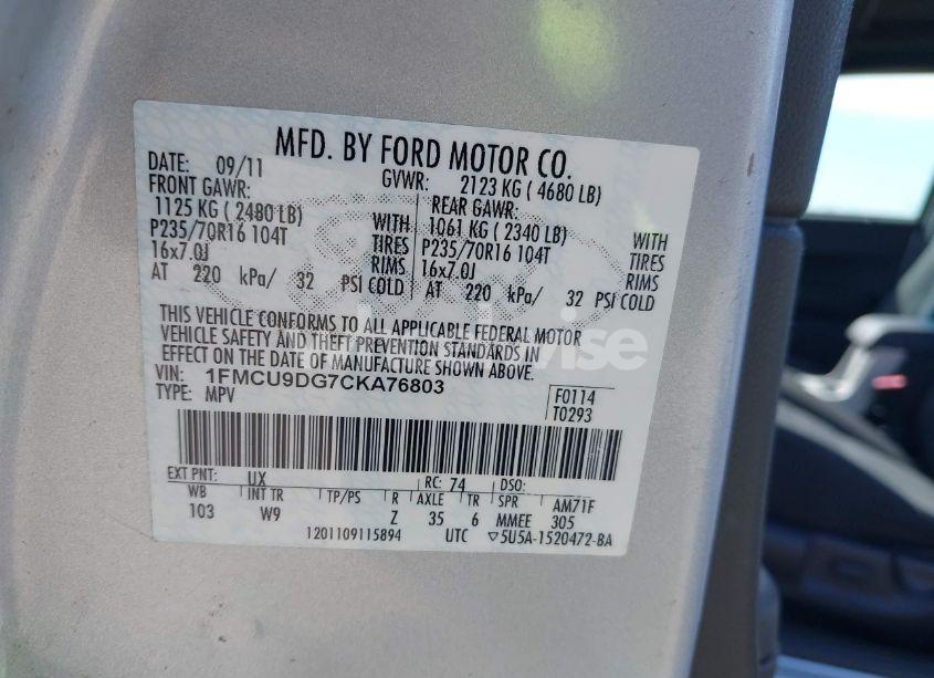 Photo 9 of 2012 Ford Escape XLT (VIN 1FMCU9DG7CKA76803)