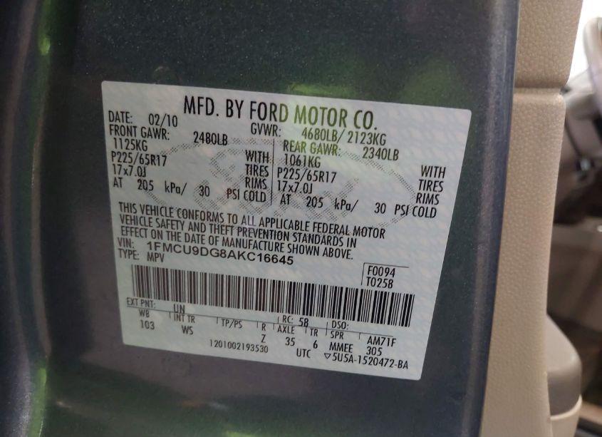 Photo 9 of 2010 Ford Escape XLT (VIN 1FMCU9DG8AKC16645)