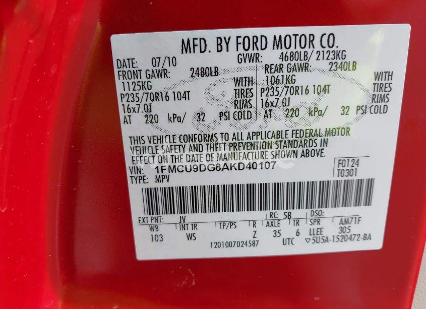 Photo 9 of 2010 Ford Escape XLT (VIN 1FMCU9DG8AKD40107)