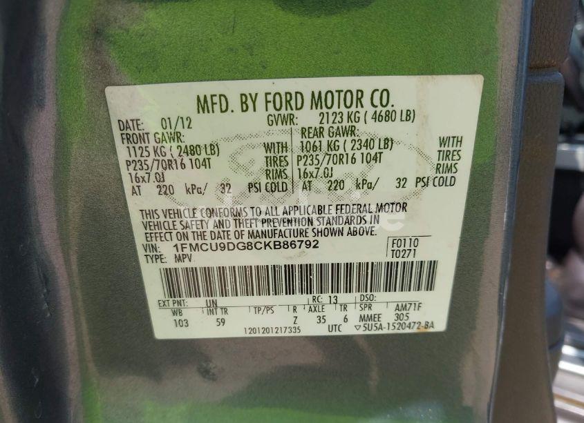 Photo 9 of 2012 Ford Escape XLT (VIN 1FMCU9DG8CKB86792)