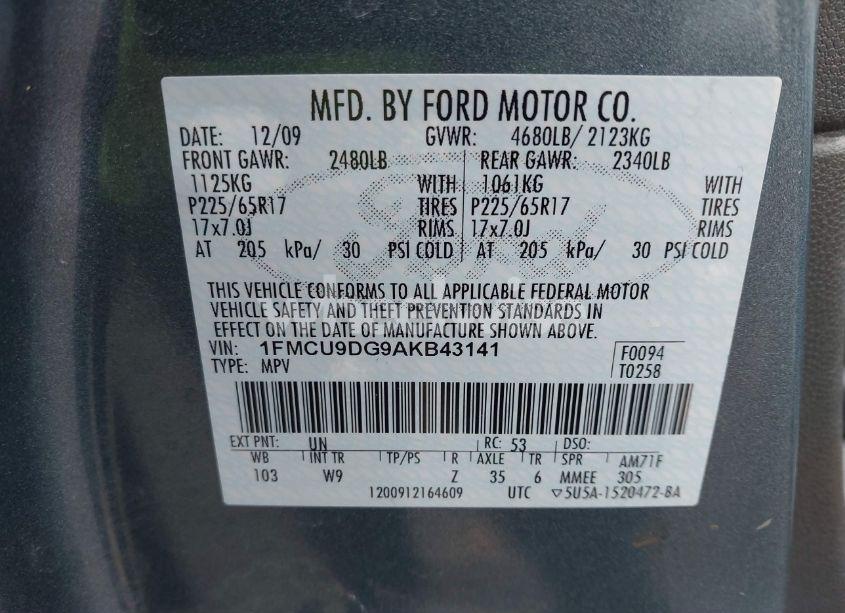 Photo 9 of 2010 Ford Escape XLT (VIN 1FMCU9DG9AKB43141)