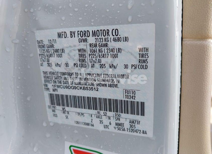 Photo 9 of 2012 Ford Escape XLT (VIN 1FMCU9DG9CKB53512)