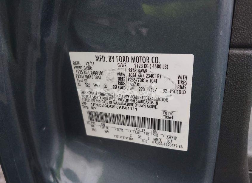 Photo 9 of 2012 Ford Escape XLT (VIN 1FMCU9DG9CKB61111)