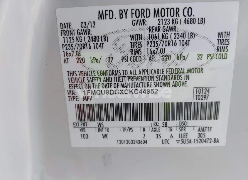 Photo 9 of 2012 Ford Escape XLT (VIN 1FMCU9DGXCKC44952)