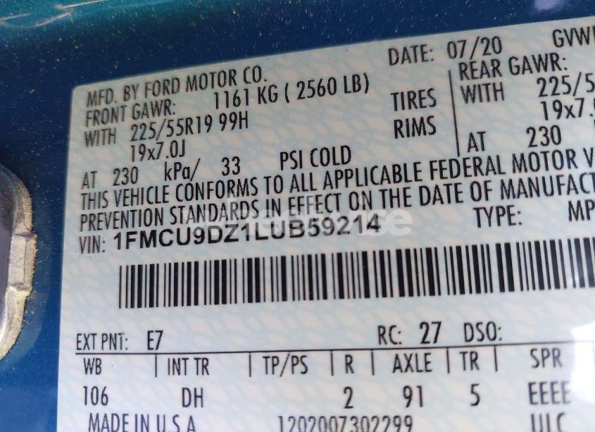 Photo 9 of 2020 Ford Escape TITANIUM HYBRID (VIN 1FMCU9DZ1LUB59214)