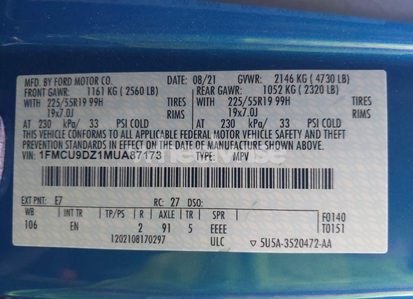 Photo 9 of 2021 Ford Escape TITANIUM HYBRID (VIN 1FMCU9DZ1MUA87173)