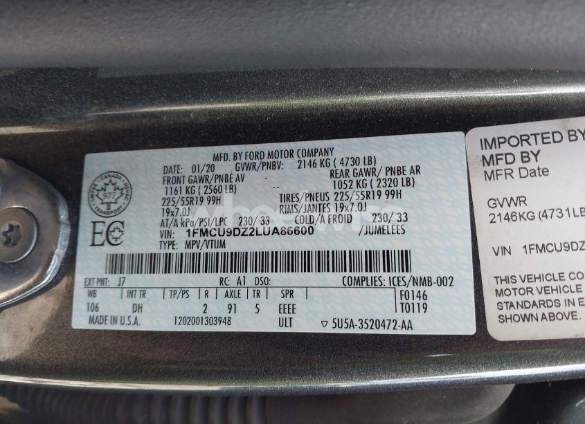 Photo 9 of 2020 Ford Escape TITANIUM HYBRID (VIN 1FMCU9DZ2LUA86600)