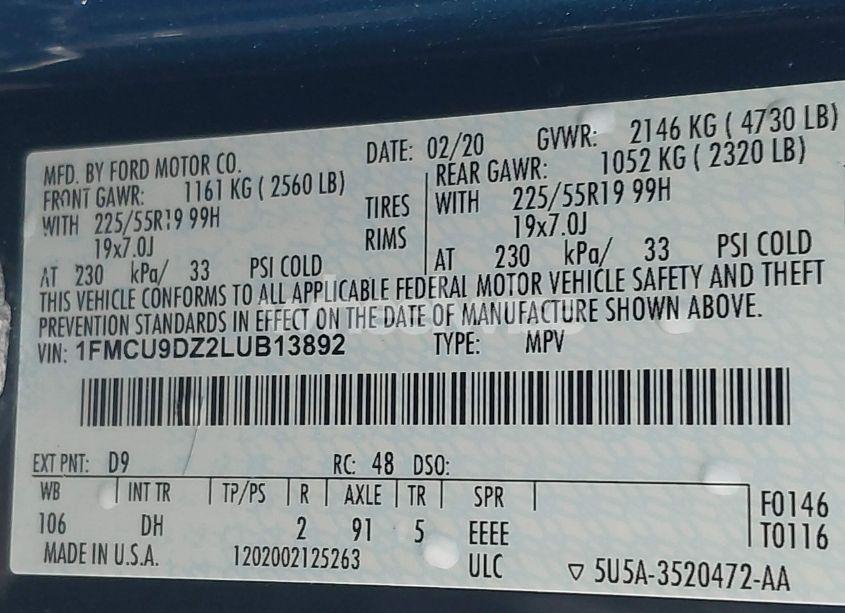 Photo 9 of 2020 Ford Escape TITANIUM HYBRID (VIN 1FMCU9DZ2LUB13892)