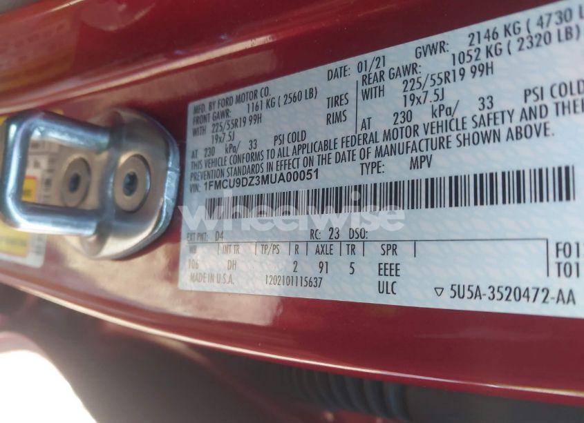 Photo 9 of 2021 Ford Escape TITANIUM HYBRID (VIN 1FMCU9DZ3MUA00051)